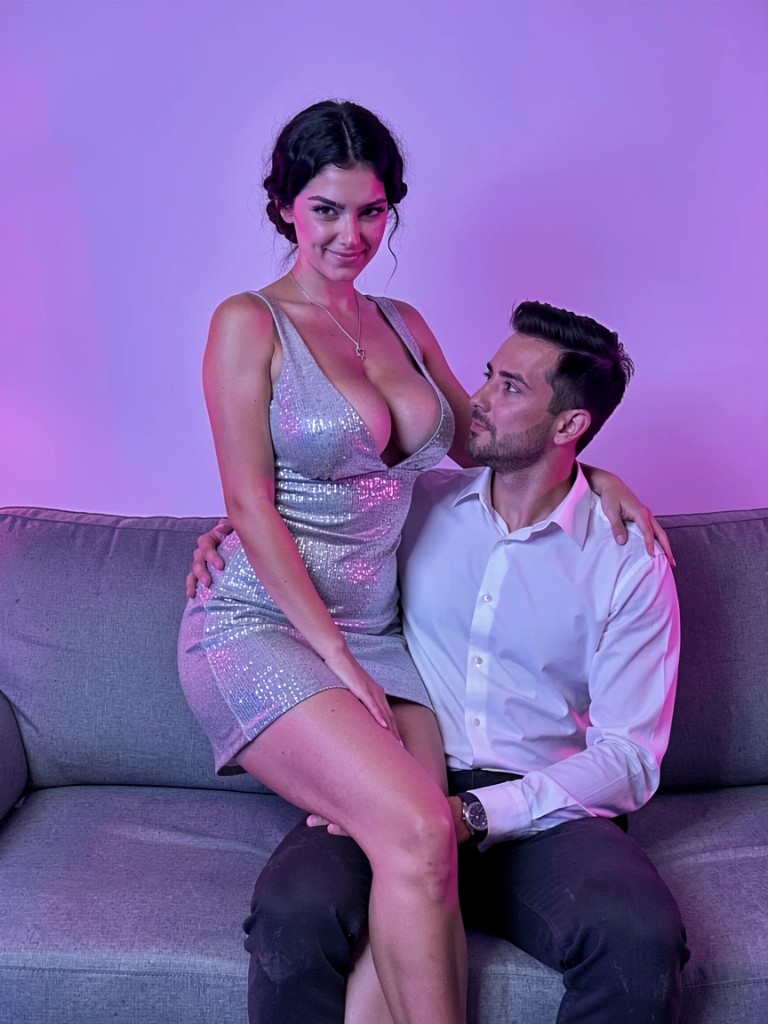 Noa Cohen in a plunging sequined silver mini dress sitting on a man's lap on a couch