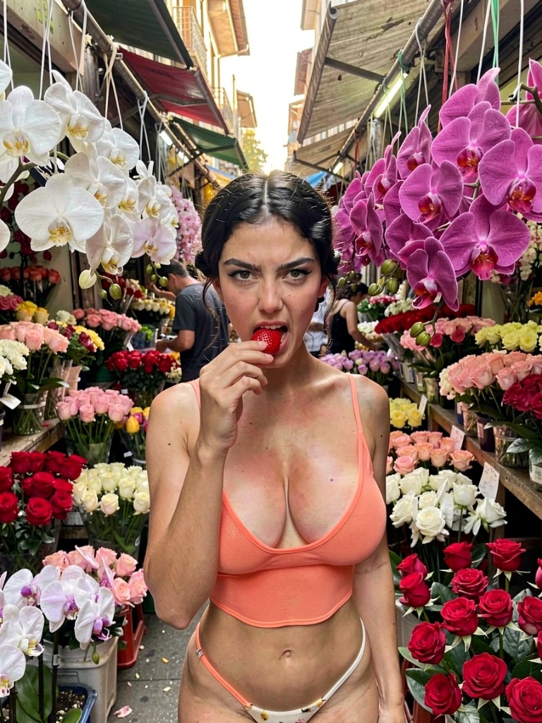 Noa Cohen in a peach bikini biting a strawberry in a flower market alley