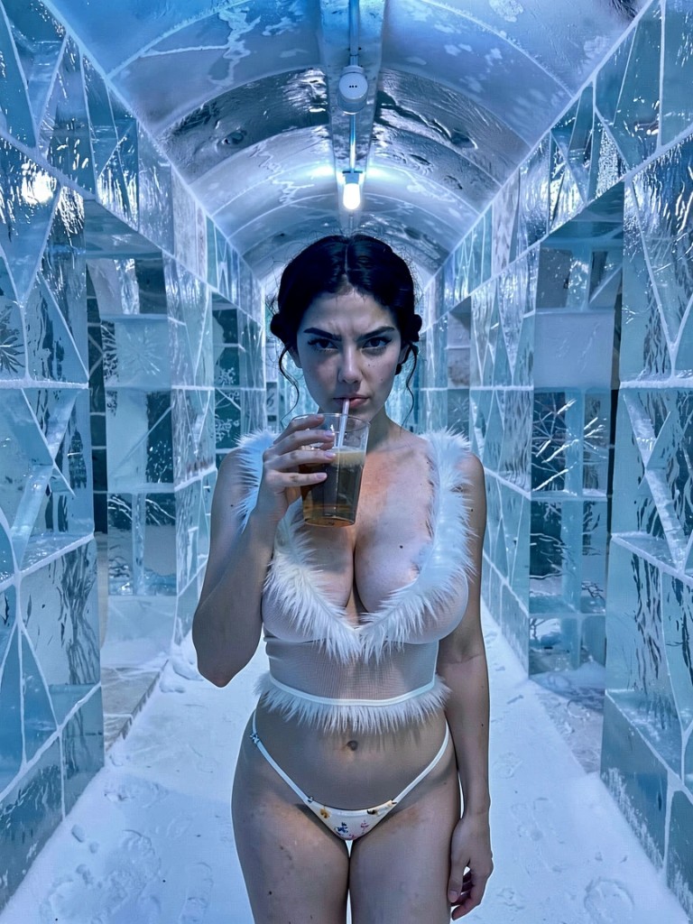 Noa Cohen sipping a drink in a sheer white fur-trim top inside an ice hotel hallway