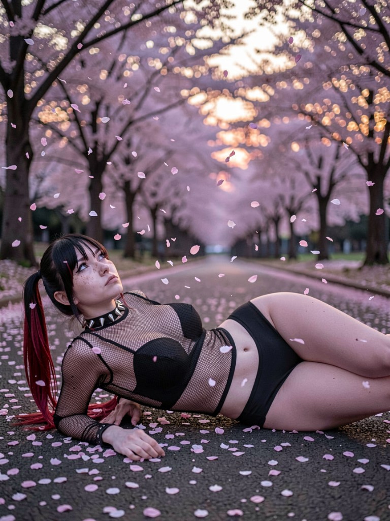 Raven lying on a cherry blossom road