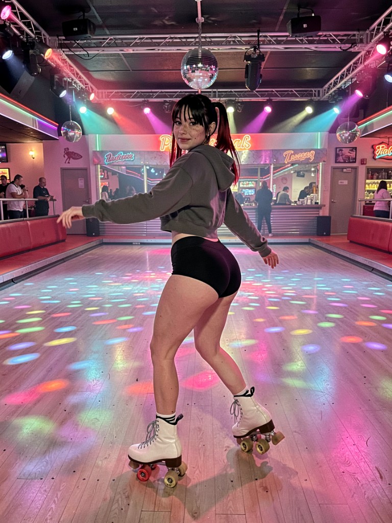 Raven on roller skates at a disco rink
